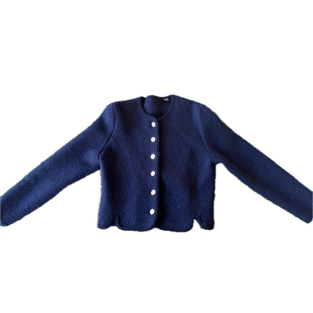Vintage 80s 100% Wool Navy Blue Cardigan Silver Crest Button Scallop Hem 10